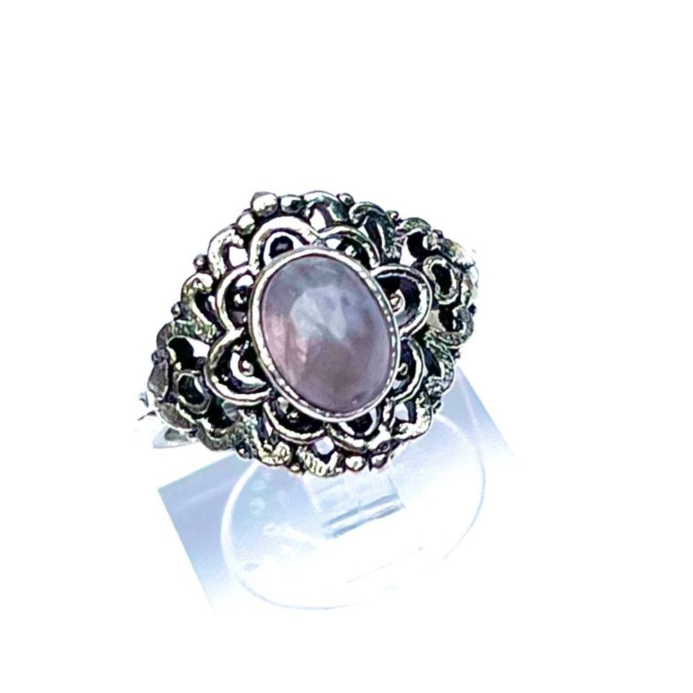 Rose Quartz Filigree Ring Silver Plated Size 8
